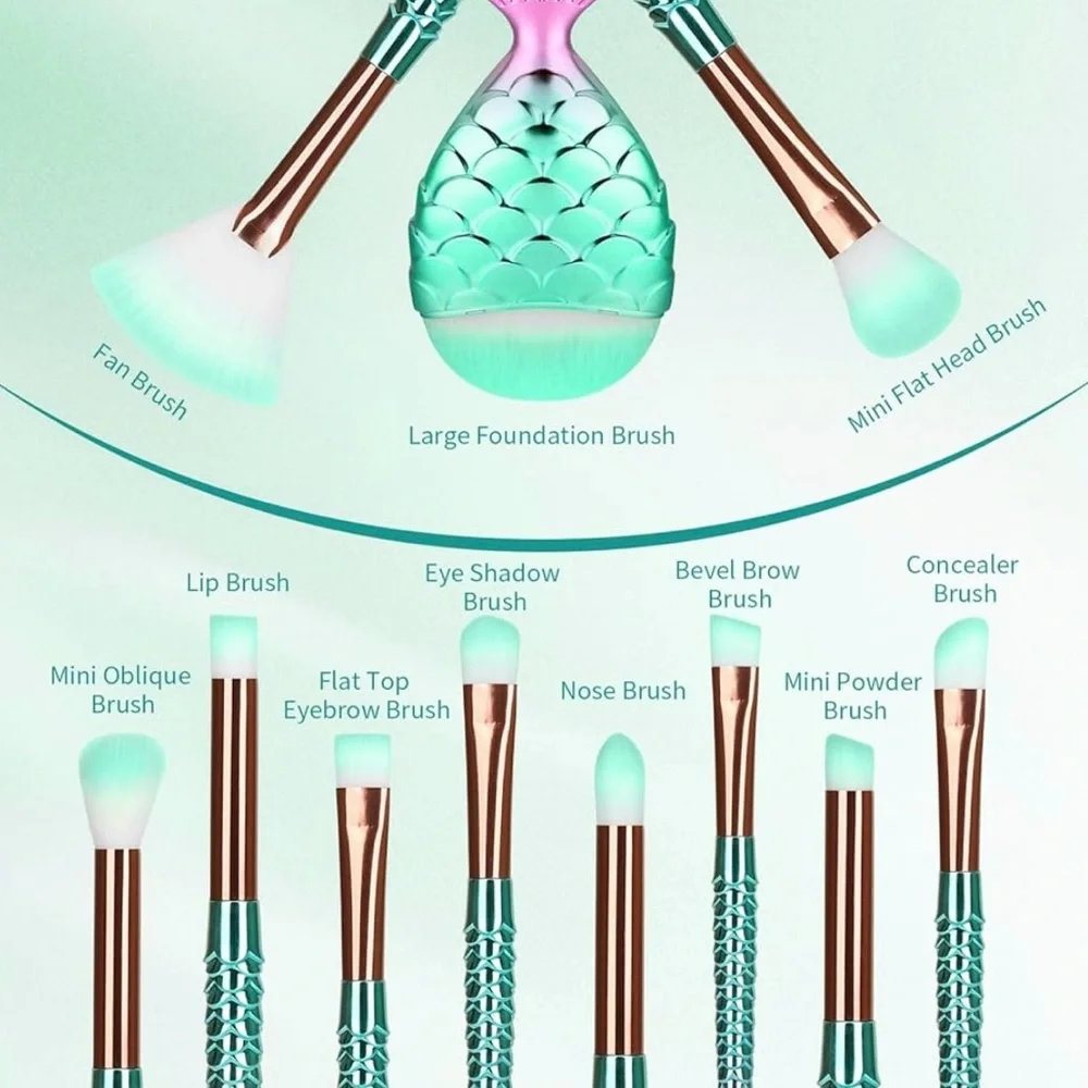 11 Piece Pink Green Ombre Mermaid Fish Tail Fin & Scales Makeup Brush Set Eye